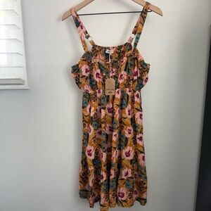 Natural Life XL NEW Floral Mini Dress Yellow Pink Boho Cottage Elastic Waist
